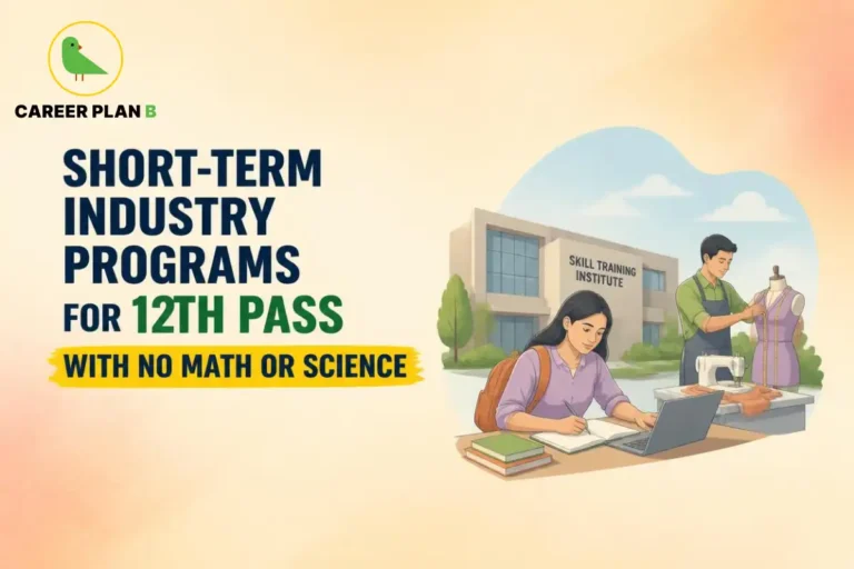 A comprehensive career guide infographic by Career Plan B, titled "SHORT-TERM INDUSTRY PROGRAMS FOR 12TH PASS WITH NO MATH OR SCIENCE." In the top-left corner, the official Career Plan B logo features a minimalist green bird icon enclosed inside a solid gold circular emblem, with the brand name printed below in bold black and green typography. On the right side, an illustration portrays students at a "SKILL TRAINING INSTITUTE" framed within a soft circular vignette. In the foreground, a female student with a backpack sits at a desk, taking notes in a notebook next to an open laptop and a small stack of books. In the background, a male student wearing an apron works on a fashion design project, adjusting fabric wrapped around a tailor's dress form mannequin next to a sewing machine table.