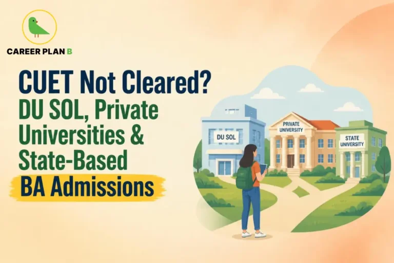 A supportive college admission guide infographic by Career Plan B, titled "CUET Not Cleared? DU SOL, Private Universities & State-Based BA Admissions." In the top-left corner, the official Career Plan B logo features a minimalist green bird icon enclosed inside a solid gold circular emblem, with the brand name printed below in bold black and green typography. On the right side, an illustration portrays a female student with a green backpack and a tablet standing at a crossroads. Three pathways lead from her position to separate academic options: a light blue building labeled "DU SOL," a central building labeled "PRIVATE UNIVERSITY," and a green building labeled "STATE UNIVERSITY."