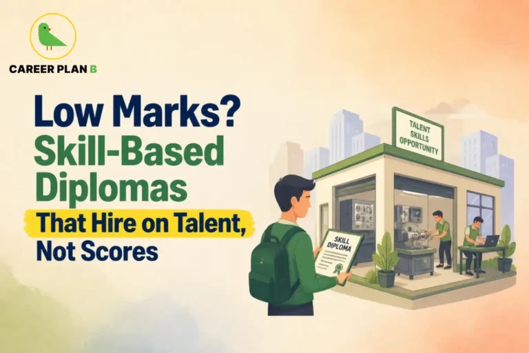A supportive career options infographic by Career Plan B, titled "Low Marks? Skill-Based Diplomas That Hire on Talent, Not Scores." In the top-left corner, the official Career Plan B logo features a minimalist green bird icon enclosed inside a solid gold circular emblem, with the brand name printed below in bold black and green typography. On the right side, an illustration portrays a vocational training concept framed within a soft circular vignette. A male student carrying a dark green backpack stands looking towards a workshop building labeled "TALENT SKILLS OPPORTUNITY," while proudly holding a certificate labeled "SKILL DIPLOMA." Inside the open-front workshop, two individuals are actively training—one operating mechanical equipment and another working on a laptop at a desk. High-rise city buildings are visible in the background.