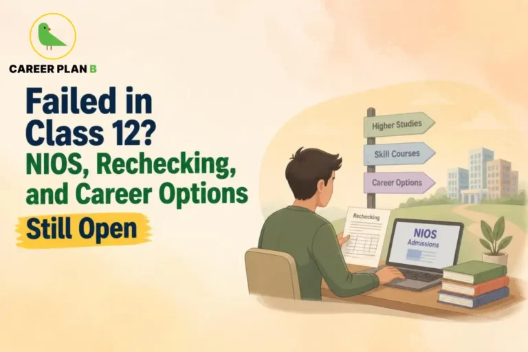 A supportive educational guidance infographic by Career Plan B, titled "Failed in Class 12? NIOS, Rechecking, and Career Options Still Open." In the top-left corner, the official Career Plan B logo features a minimalist green bird icon enclosed inside a solid gold circular emblem, with the brand name printed below in bold black and green typography. On the right side, an illustration portrays a male student sitting at a desk with his back partially to the viewer, exploring next steps. He holds a document labeled "Rechecking" while looking at an open laptop screen displaying "NIOS Admissions." Next to the laptop sits a small stack of textbooks. Behind the desk, a signpost points toward pathways labeled "Higher Studies," "Skill Courses," and "Career Options," which wind through a green landscape toward a city skyline in the background.