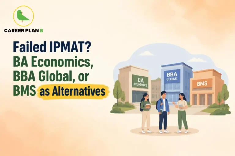 **SEO Alt Text:** > A supportive educational guidance infographic by Career Plan B, titled "Failed IPMAT? BA Economics, BBA Global, or BMS as Alternatives." In the top-left corner, the official Career Plan B logo features a minimalist green bird icon enclosed inside a solid gold circular emblem, with the brand name printed below in bold black and green typography. On the right side, an illustration portrays three corporate-style campus buildings standing side-by-side, labeled respectively from left to right as "BA ECONOMICS," "BBA GLOBAL," and "BMS." In front of the buildings, three students are seen talking in a friendly manner—a female student on the left carrying books, a male student in the center wearing a blue backpack, and another female student on the right gesturing during the conversation.