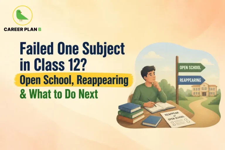 A supportive educational guidance infographic by Career Plan B, titled "Failed One Subject in Class 12? Open School, Reappearing & What to Do Next." In the top-left corner, the official Career Plan B logo features a minimalist green bird icon enclosed inside a solid gold circular emblem, with the brand name printed below in bold black and green typography. On the right side, an illustration portrays a thoughtful male student sitting at a wooden desk with a pen in hand, looking over an open notebook. A stack of textbooks and a document labeled "REAPPEAR OR OPEN SCHOOL" rest on his desk. Behind him, a wooden signpost points toward two pathways labeled "OPEN SCHOOL" and "REAPPEARING," winding through a green landscape toward a school building in the distance.