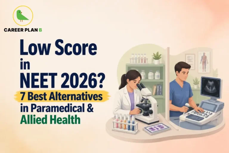 A supportive career options infographic by Career Plan B, titled "Low Score in NEET 2026? 7 Best Alternatives in Paramedical & Allied Health." In the top-left corner, the official Career Plan B logo features a minimalist green bird icon enclosed inside a solid gold circular emblem, with the brand name printed below in bold black and green typography. On the right side, an illustration portrays two distinct medical environments separated by a white panel divider. On the left side, a female scientist in a white lab coat looks into a microscope at a desk arranged with a test tube rack and specimen slides, backed by shelves filled with jars. On the right side, a male technician in blue medical scrubs operates a modern ultrasound diagnostics machine displaying an image of a scan on its monitor.