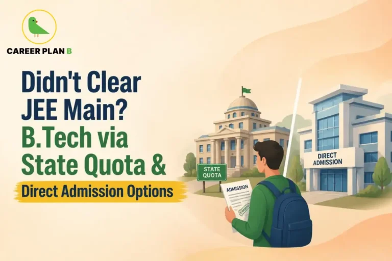 A supportive engineering admission guide infographic by Career Plan B, titled "Didn’t Clear JEE Main? B.Tech via State Quota & Direct Admission Options." In the top-left corner, the official Career Plan B logo features a minimalist green bird icon enclosed inside a solid gold circular emblem, with the brand name printed below in bold black and green typography. On the right side, an illustration portrays a male student wearing a dark blue backpack and holding an admission document. He stands looking toward a split choice between two paths: on the left, a traditional domed university building marked with a "STATE QUOTA" signpost, and on the right, a modern academic building clearly labeled "DIRECT ADMISSION."