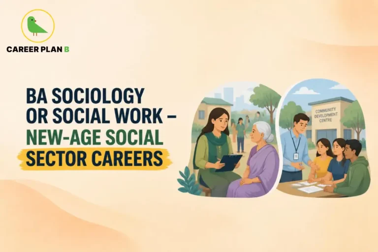 A comprehensive career options infographic by Career Plan B, titled "BA SOCIOLOGY OR SOCIAL WORK – NEW-AGE SOCIAL SECTOR CAREERS." In the top-left corner, the official Career Plan B logo features a minimalist green bird icon enclosed inside a solid gold circular emblem, with the brand name printed below in bold black and green typography. On the right side, two distinct social sector settings are portrayed within separate, soft vertical arch-shaped vignettes. The left vignette shows a young female social worker in a green outfit holding a clipboard, actively listening to an elderly woman outdoors. The right vignette depicts a male coordinator with an ID badge interacting with a group of three young individuals seated at an outdoor desk in front of a building labeled "COMMUNITY DEVELOPMENT CENTRE."