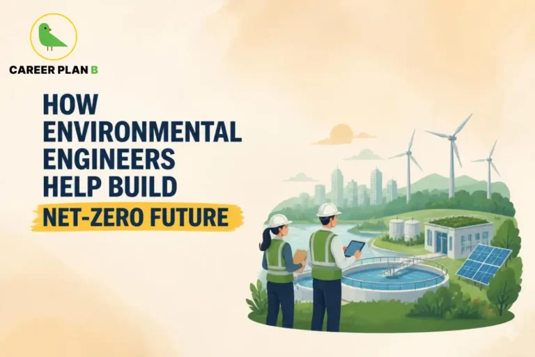 Environmental engineers supporting a net-zero future with wind turbines, solar panels, and water treatment systems.