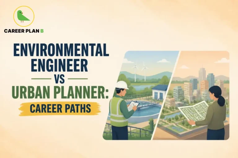 Environmental engineer vs urban planner career paths, showing water systems and wind energy beside sustainable city planning.