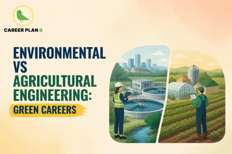 Environmental vs agricultural engineering shown through water management and sustainable farming careers.