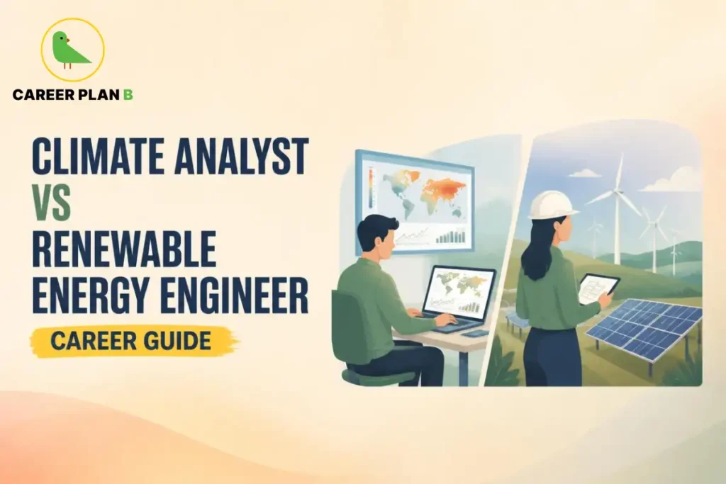 Climate analyst vs renewable energy engineer shown through climate data analysis, solar panels, and wind turbines.