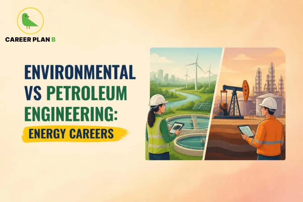 Environmental vs petroleum engineering shown through clean energy systems and oil production facilities.