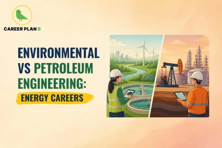 Environmental vs petroleum engineering shown through clean energy systems and oil production facilities.