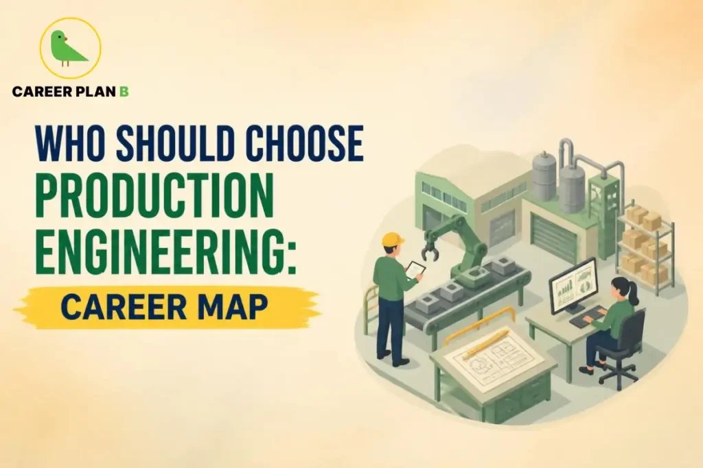 Production engineering career shown through manufacturing, process monitoring, automation, and production planning.