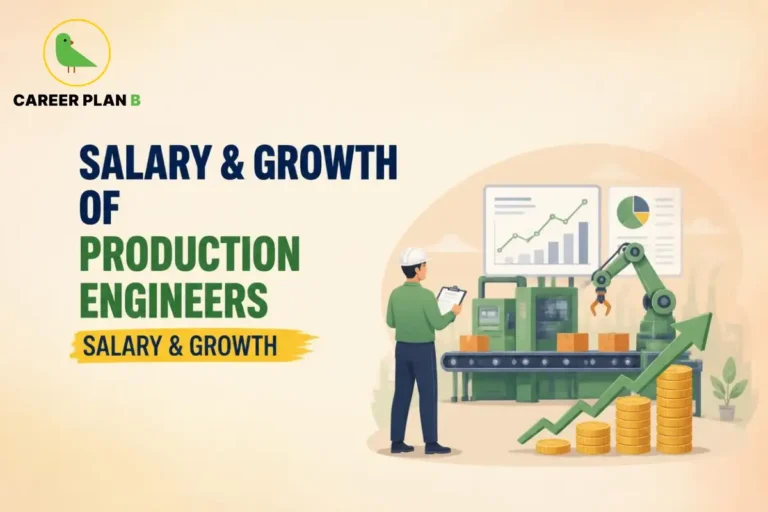This image contains production engineer salary and career growth with manufacturing automation and rising earnings.
