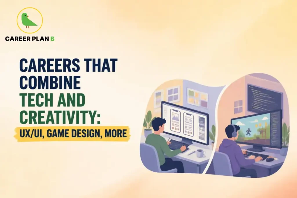 Careers that combine tech and creativity including UX/UI design, game design, animation, AR/VR, and digital product design