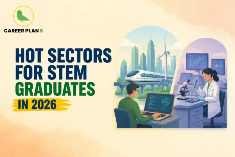 Hot sectors for STEM graduates in 2026 featuring careers in artificial intelligence, biotechnology, renewable energy, software engineering, and scientific research