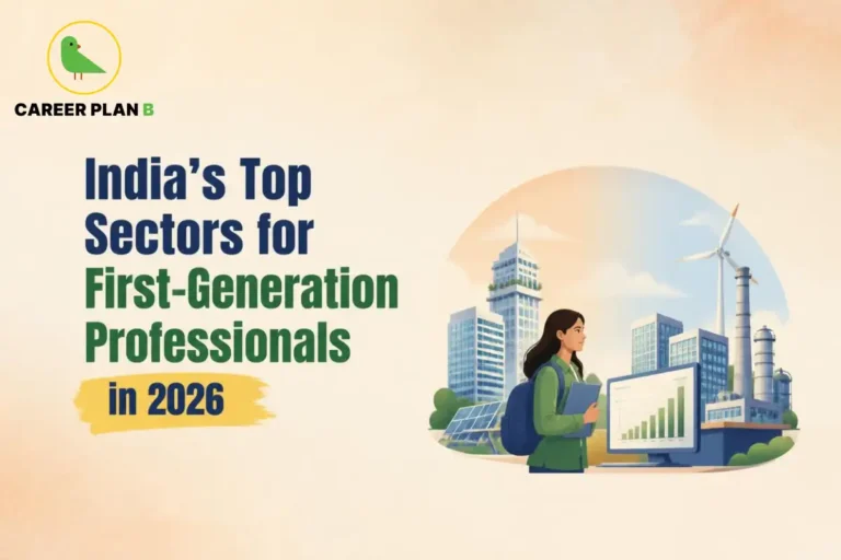 India's top sectors for first-generation professionals in 2026 featuring careers in renewable energy, technology, manufacturing, and business