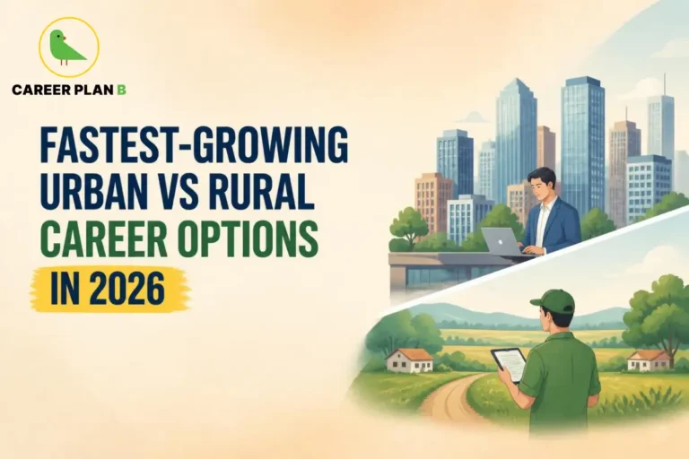 Fastest-growing urban vs rural career options in 2026 highlighting technology, agriculture, digital services, renewable energy, and emerging jobs