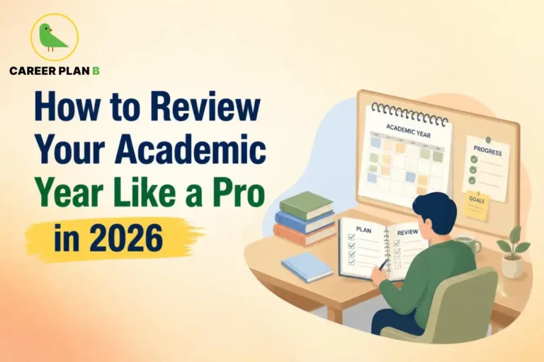 Student reviewing an academic year like a pro in 2026 using a study planner, progress tracker, goals, and academic review checklist