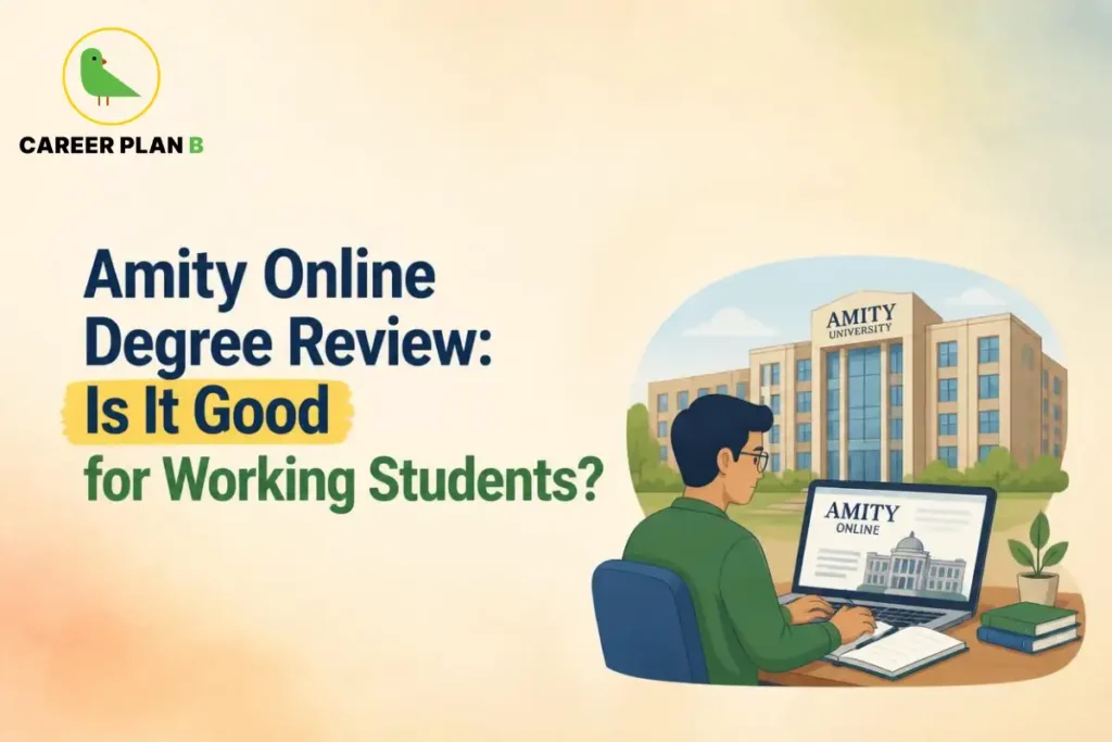 Illustration of a person at a desk using a laptop displaying the Amity Online website with the Amity University campus in the background.