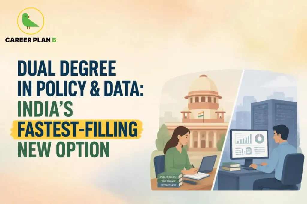 Illustration showing a dual panel with a person studying public policy books near a government building alongside a person analyzing data charts on a computer screen.