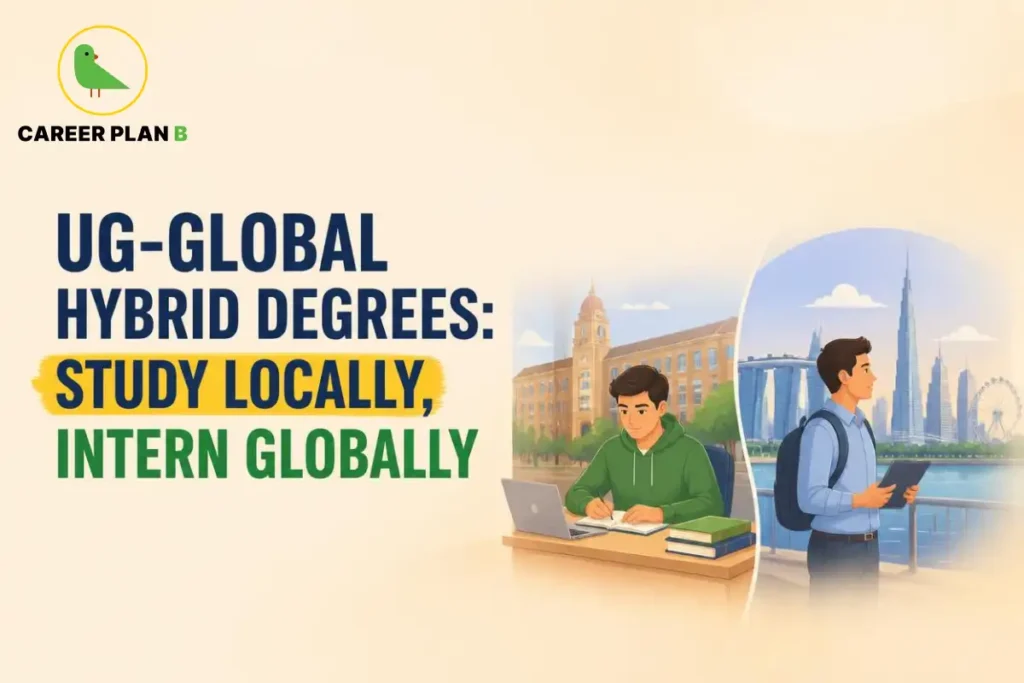 Illustration of a student studying locally on a laptop juxtaposed with a student holding a tablet before a global city skyline.