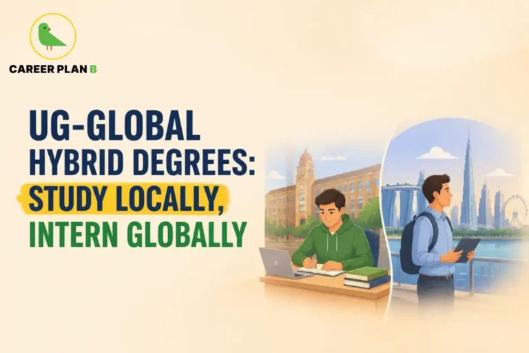 Illustration of a student studying locally on a laptop juxtaposed with a student holding a tablet before a global city skyline.