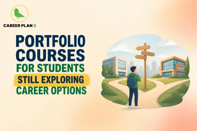 Illustration of a student with a backpack standing at a crossroads with wooden directional signposts.