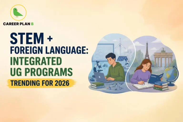Illustration of students engaged in STEM research and foreign language studies with global landmarks in the background.
