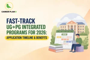 Student using a laptop beside a 2026 calendar, illustrating application timelines for integrated UG PG programs.