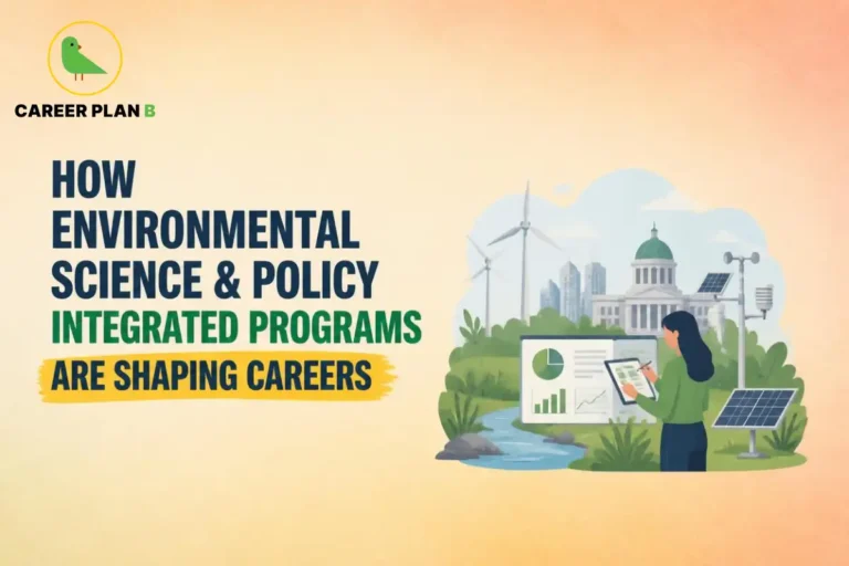 Illustration of a person analyzing environmental science data near solar panels, wind turbines, and a government building.