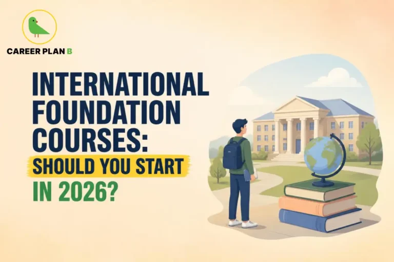 Student with a backpack looking toward a university building, symbolizing the decision to start international foundation courses.