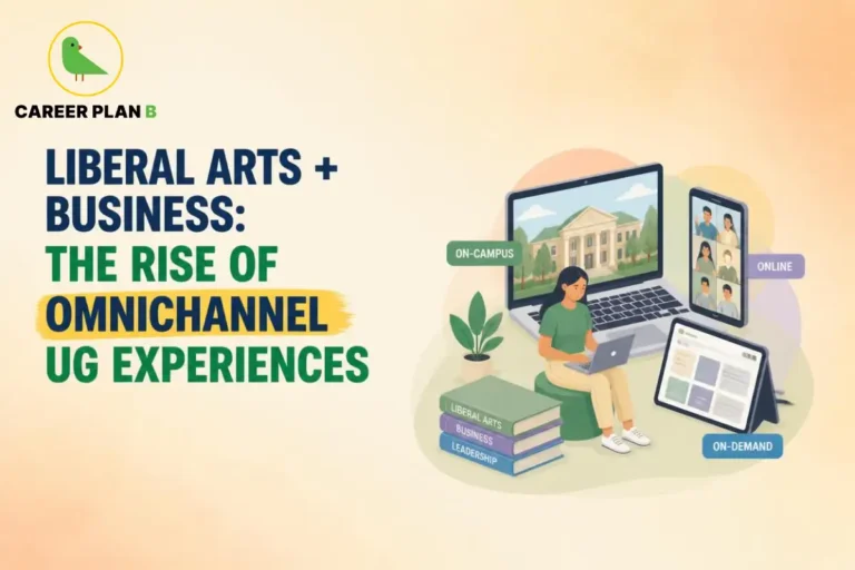 Illustration of a student blending liberal arts and business through on-campus, online, and on-demand undergraduate learning options.