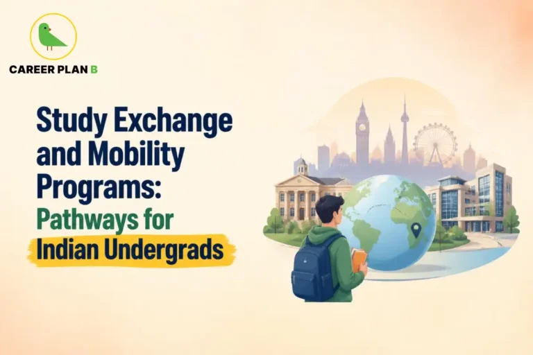 Student with backpack and globe illustration representing study exchange and mobility programs for Indian undergrads
