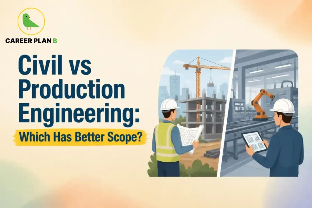 Comparison of civil and production engineering careers featuring construction site planning, industrial automation, robotics, and modern manufacturing facilities.