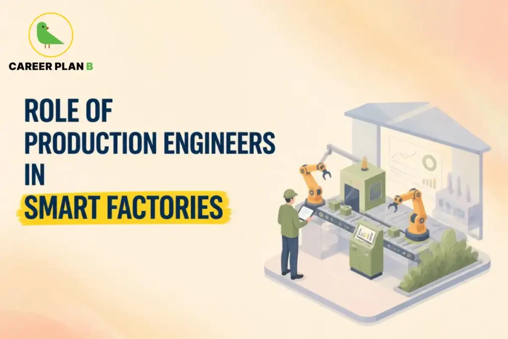 Production engineer monitoring robotic automation, smart manufacturing systems, and Industry 4.0 operations in a modern smart factory.