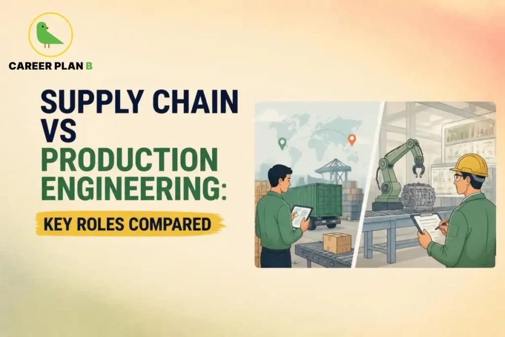 Supply chain vs production engineering comparison showing a logistics professional with shipping containers and a production engineer inspecting a robotic manufacturing line.