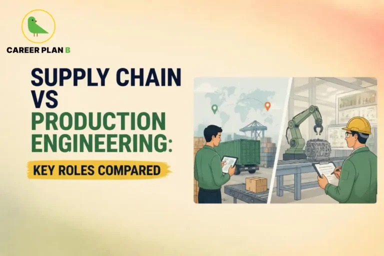 Supply chain vs production engineering comparison showing a logistics professional with shipping containers and a production engineer inspecting a robotic manufacturing line.