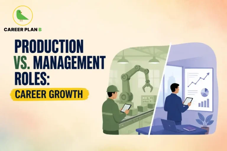 Comparison of production vs management roles showing a production engineer monitoring a robotic factory line and a manager analyzing business performance charts.