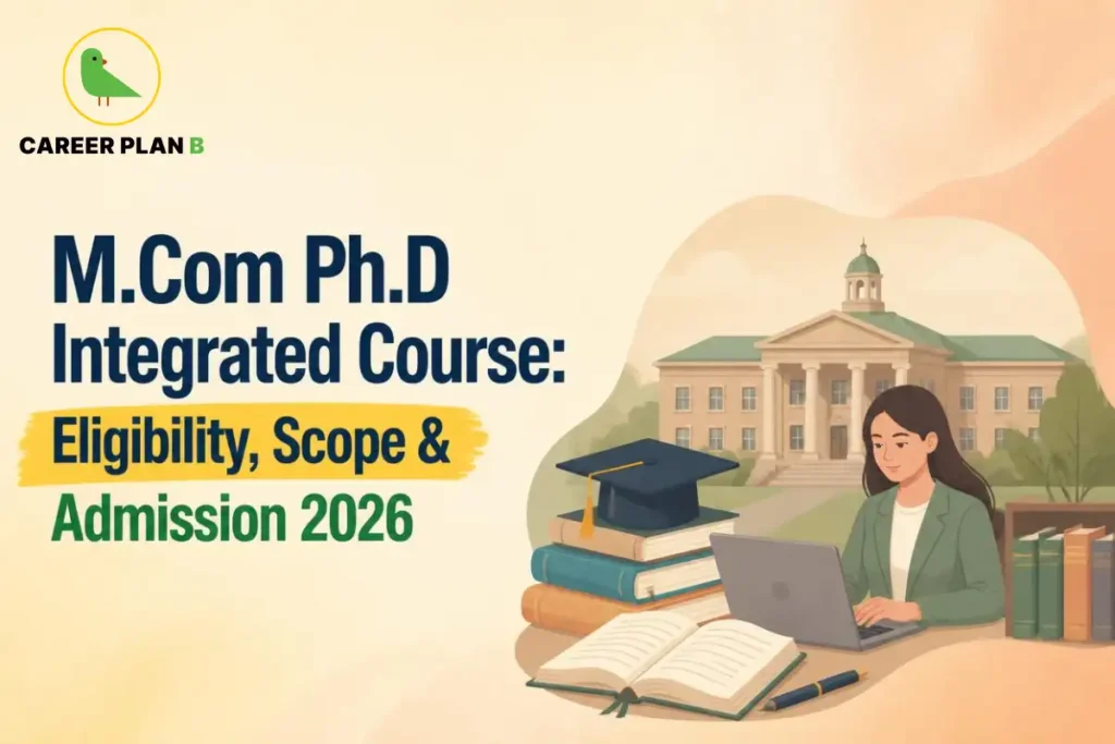 Graphic announcing M.Com PhD Integrated Course eligibility, scope, and admission details for 2026.