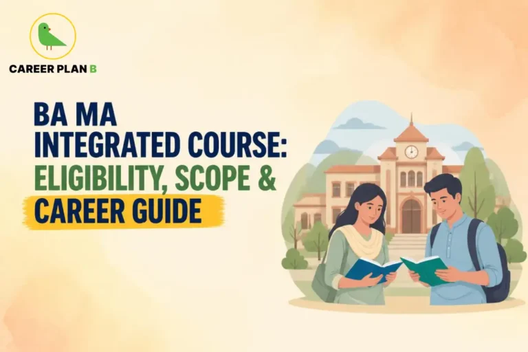 Graphic featuring a BA MA integrated course guide covering eligibility, scope, and career pathways.