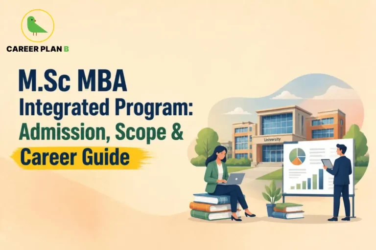 Graphic outlining an M.Sc MBA Integrated Program guide covering admission, scope, and career pathways.