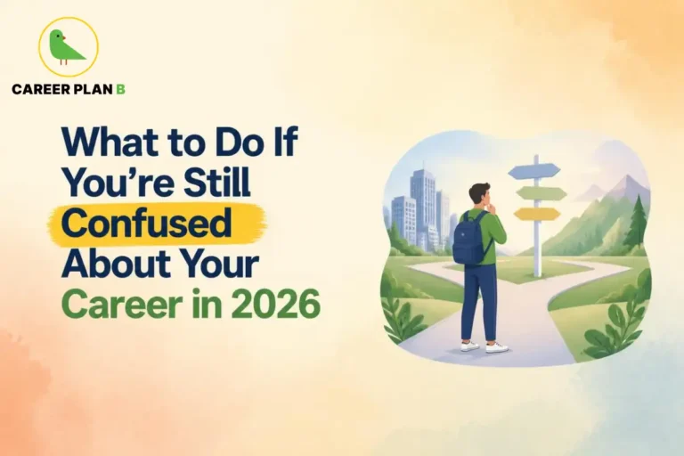 This image contains a student confused about their career, standing at a crossroads with multiple career direction signs, representing career planning and guidance in 2026.