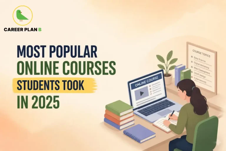 Student learning through popular online courses on a laptop, with books on a desk and a board listing data science, digital marketing, web development, UI/UX design, and cybersecurity topics.