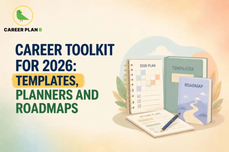 Career toolkit with a 2026 planner, templates book, roadmap guide, action plan, and notebook for career planning and goal tracking.