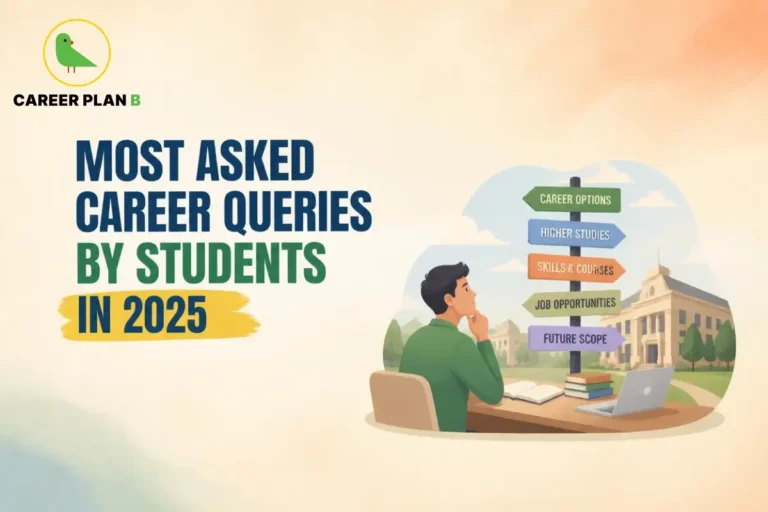Student thinking about career queries by students while looking at signboards for career options, higher studies, skills and courses, job opportunities, and future scope.