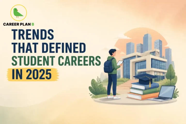 Student exploring trends that defined student careers in 2025 while viewing a university building, graduation cap, books, and a laptop.
