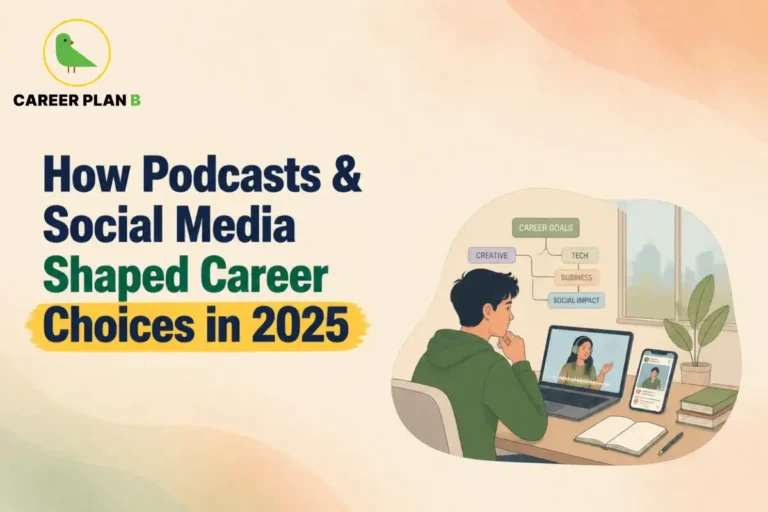 Student exploring podcasts and social media on a laptop and smartphone with career goals linked to creative, tech, business, and social impact careers.