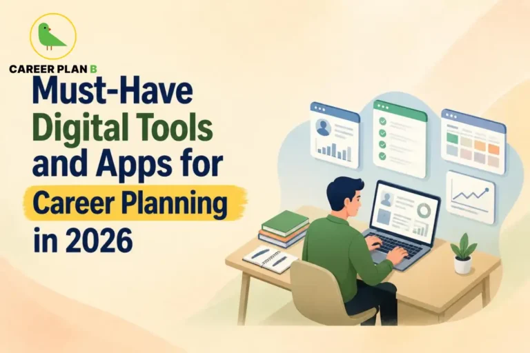 Student using digital tools and apps for career planning on a laptop with dashboards, task boards, progress charts, books, and a notebook.