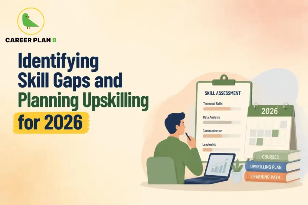Student identifying skill gaps and planning upskilling using a laptop, skill assessment board, 2026 calendar, and learning path books.