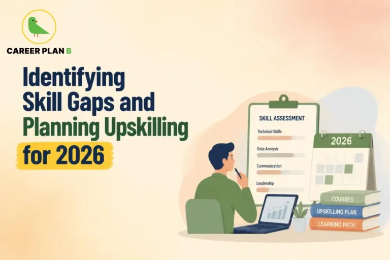 Student identifying skill gaps and planning upskilling using a laptop, skill assessment board, 2026 calendar, and learning path books.